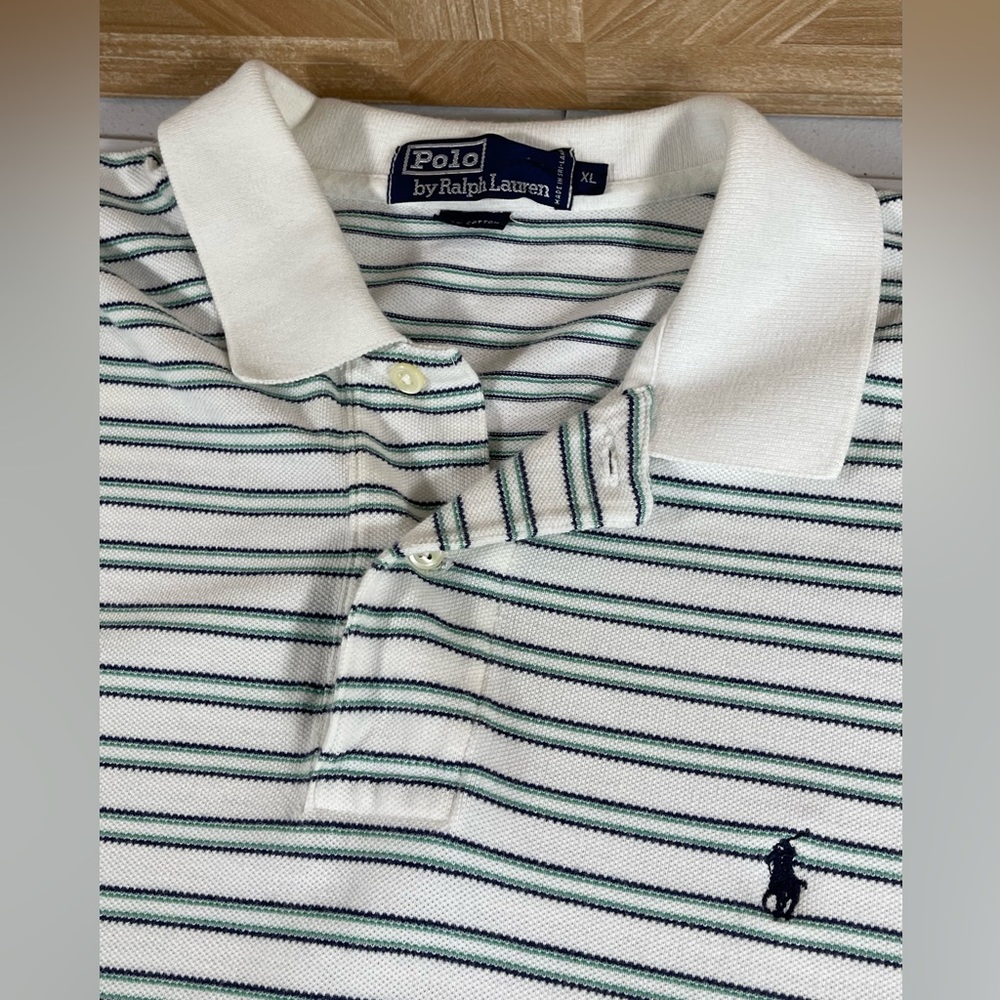Polo Ralph Lauren Mens Knit Shirt XL Blue White Green Stripe Golf Cotton Casual